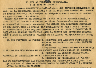 Panfleto conmemorativo del 25º aniversario del Movimiento de Izquierda Revolucionaria (MIR)