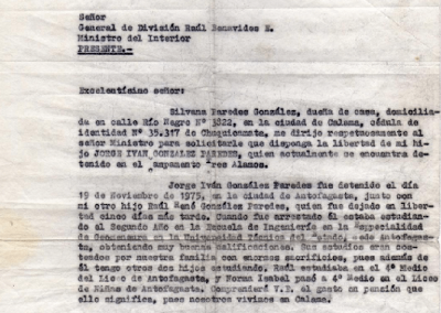Carta en la que Silvana González Paredes solicita la liberación de su hermano Jorge, detenido en Tres Alamos
