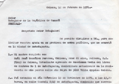 Carta de Raúl González Paredes a embajador de Canadá en Chile