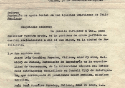 Carta en la que familia González Paredes solicita asistencia a Fundación de Ayuda Social de las Iglesias Cristianas (FASIC)