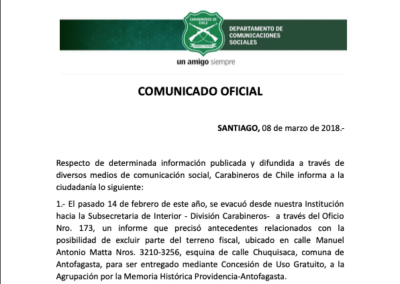 Comunicado de Carabineros en torno a disputa del sitio La Providencia